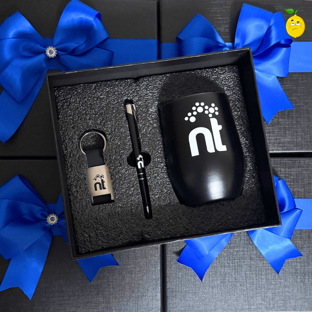 Set de Regalo Corporativo 3 Piezas: Lapicero, Llavero y Vaso Vinero - Lemon Creativo