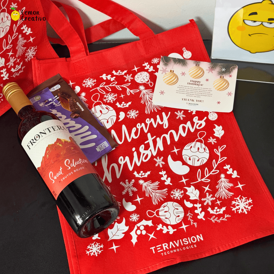 Set de Bolsa, Vino y Chocolate - Regalo Navideño Personalizado - Lemon Creativo