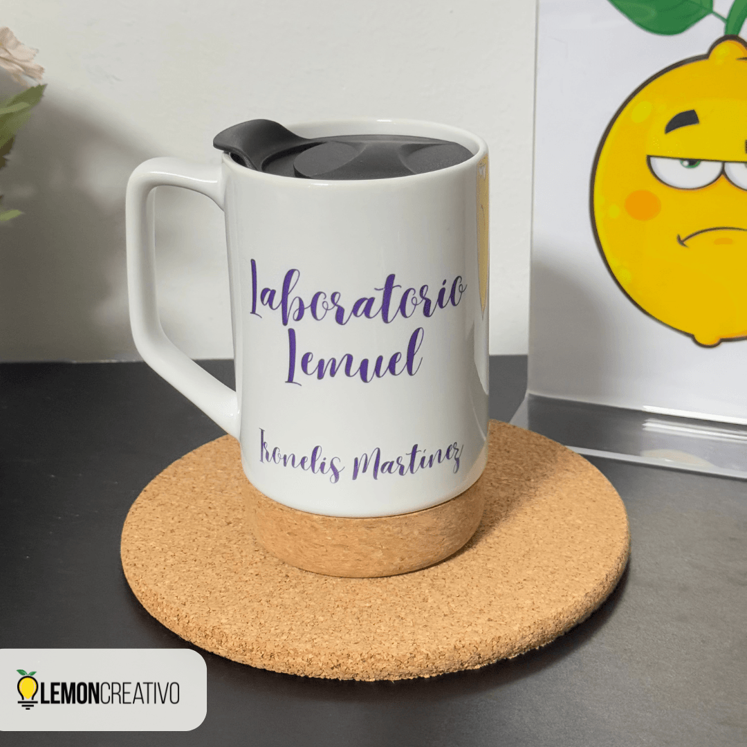 Tazas con Base de Corcho y Tapa Personalizadas - Lemon Creativo