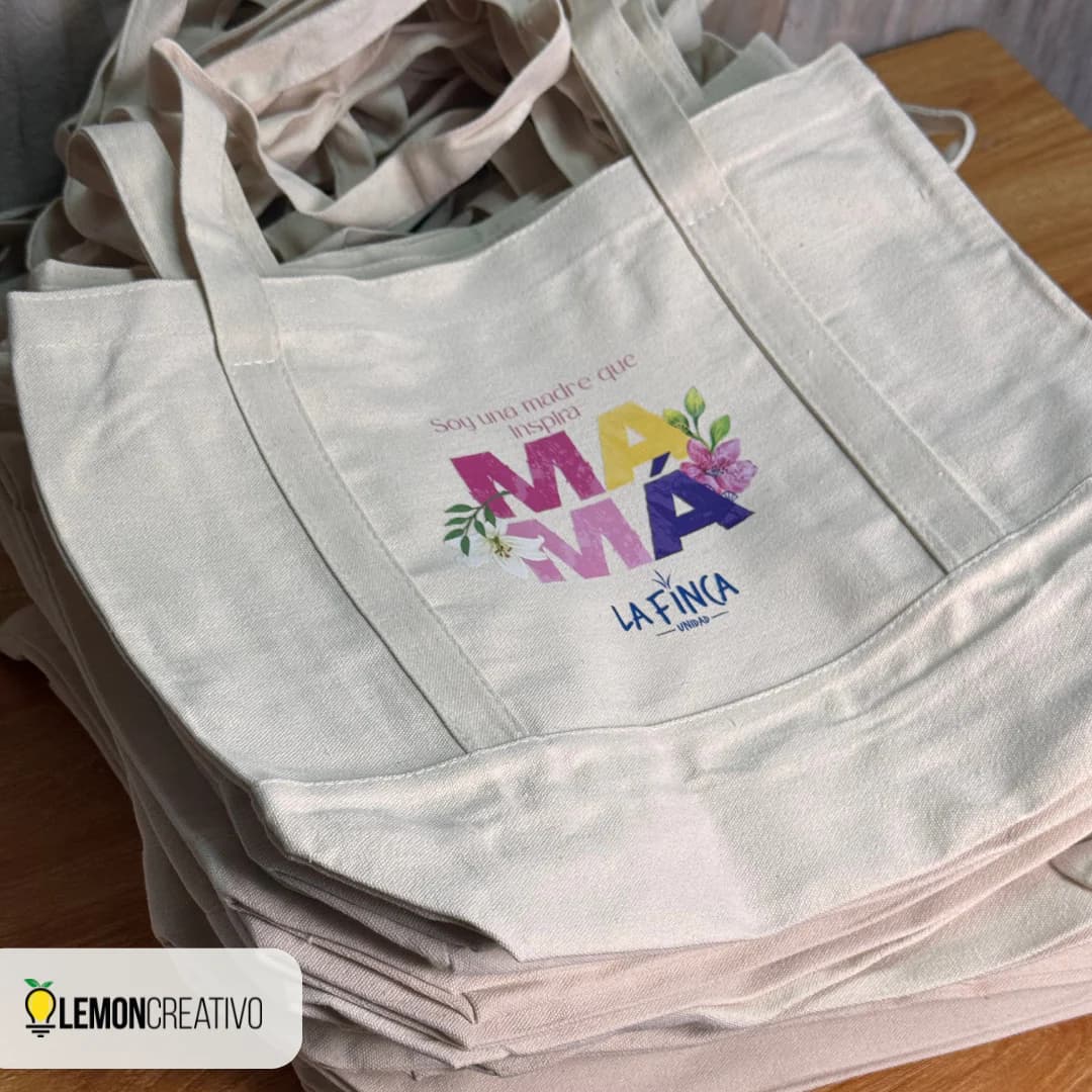 Canvas tote bag customized with a company logo
