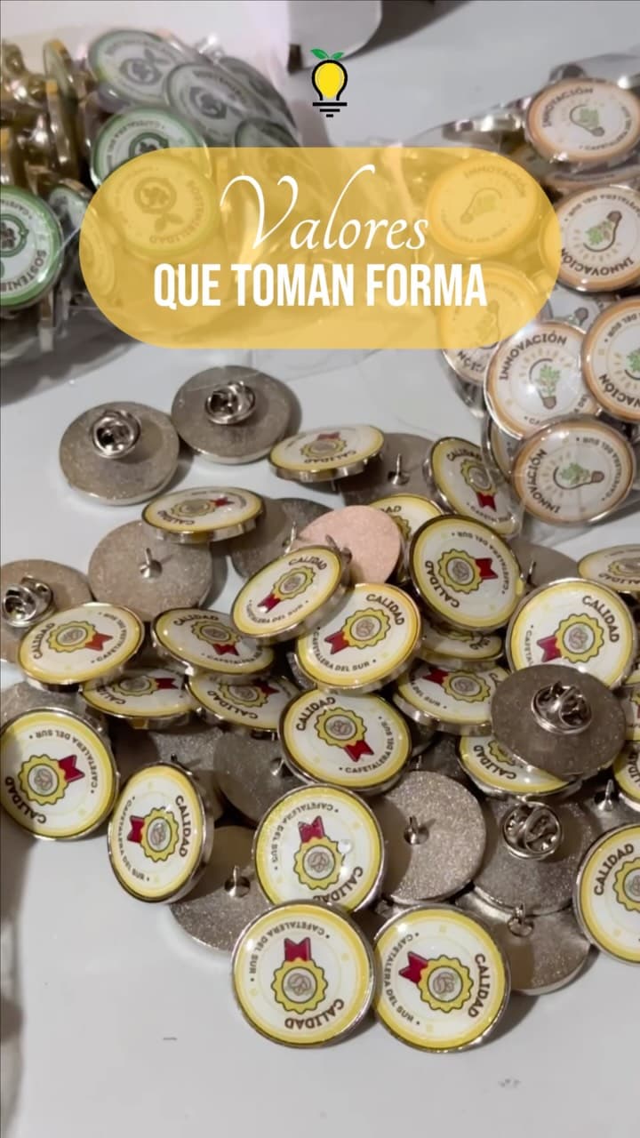 Metal pins with Agrocafé and Cafetalera del Sur values