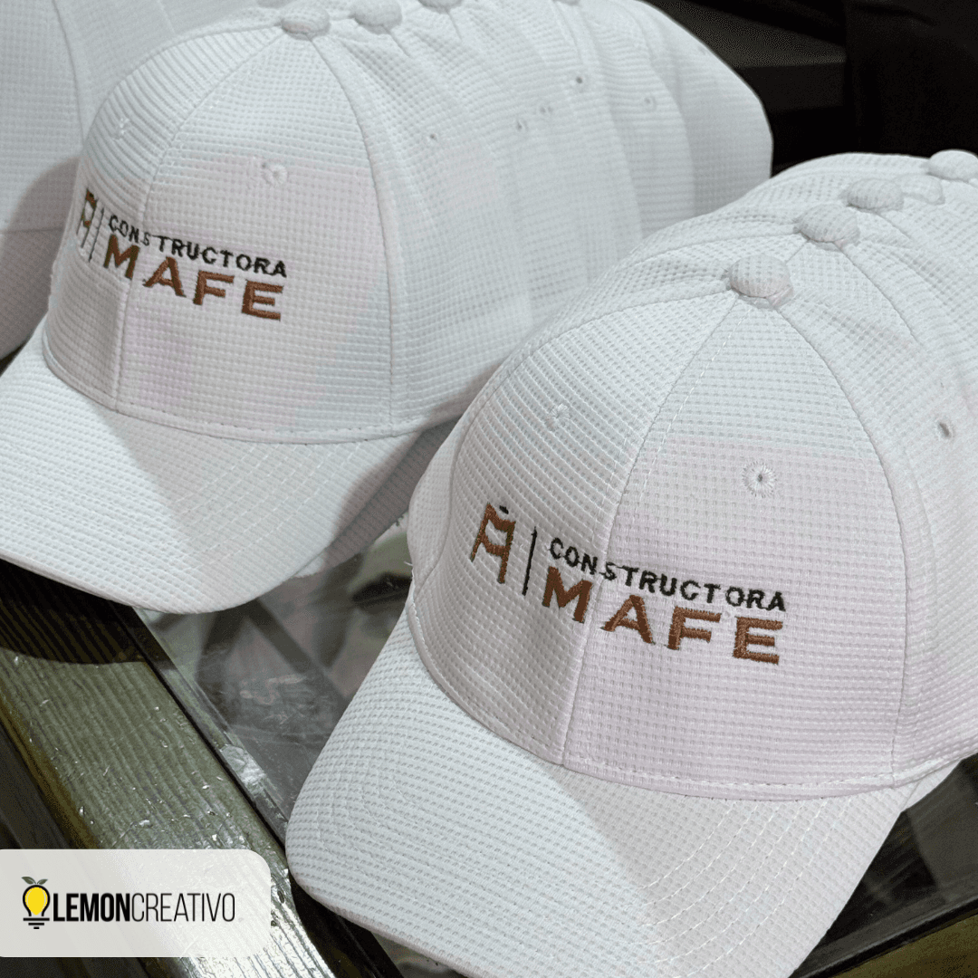 Six-panel cap customized with a company logo