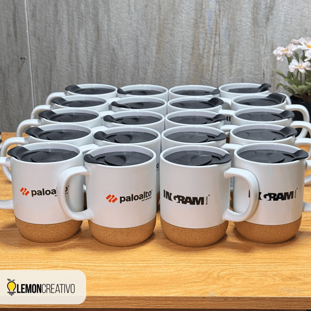 White ceramic mugs with a cork base and lid, customized with a company logo